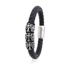 Yudan Jewelry 8mm Black Braided Leather Bracelet Sideways cross leather bracelet